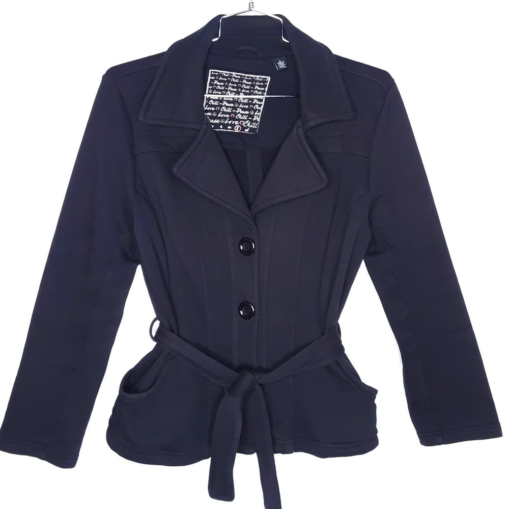 💎Peace Love Chill Womens Jacket Knit Black Belted Size L